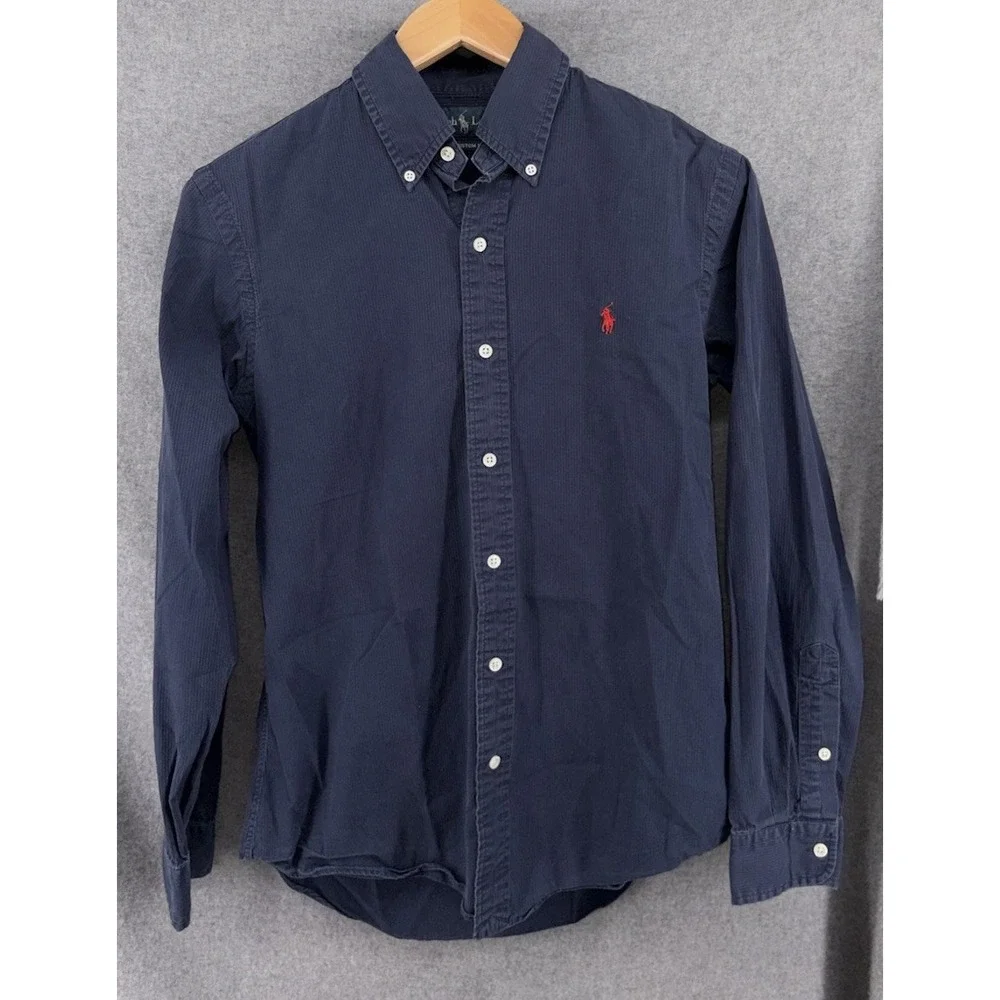 Polo Ralph Lauren Small Navy Blue Seersucker Button Down Long Sleeve Custom Fit